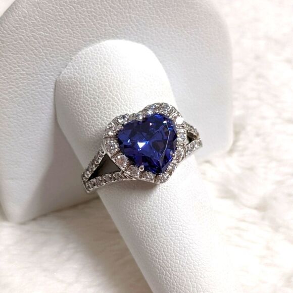 NWOT Heart Shaped Simulated Sapphire & Cubic Zirconia, Sterling Silver Ring - Picture 5 of 14